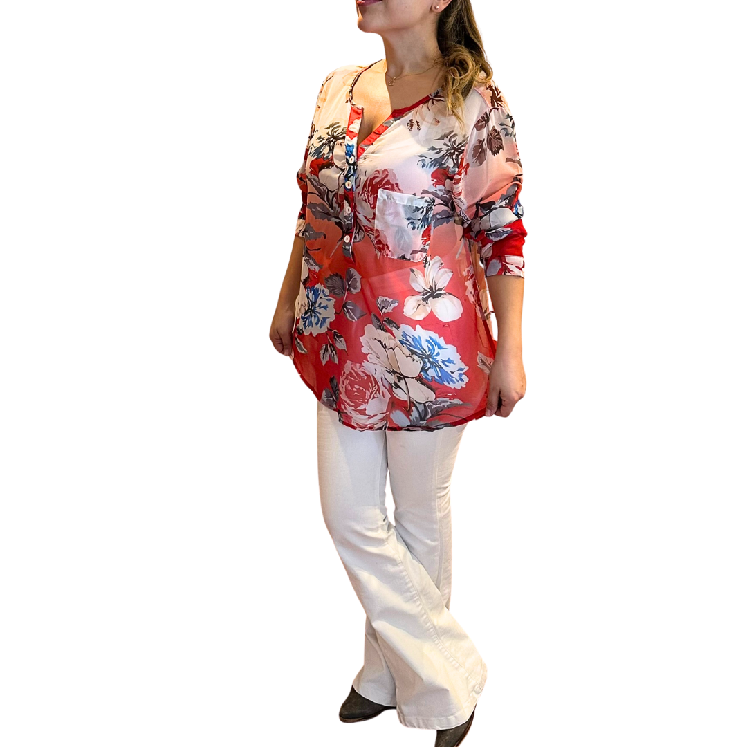 Blusa gasa roja floreada