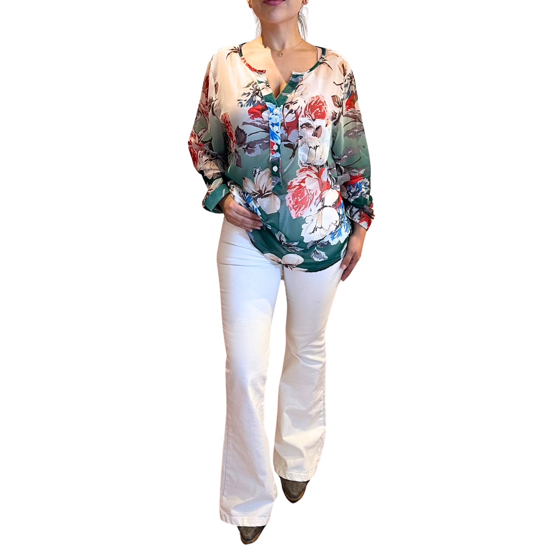 Blusa gasa verde floreada