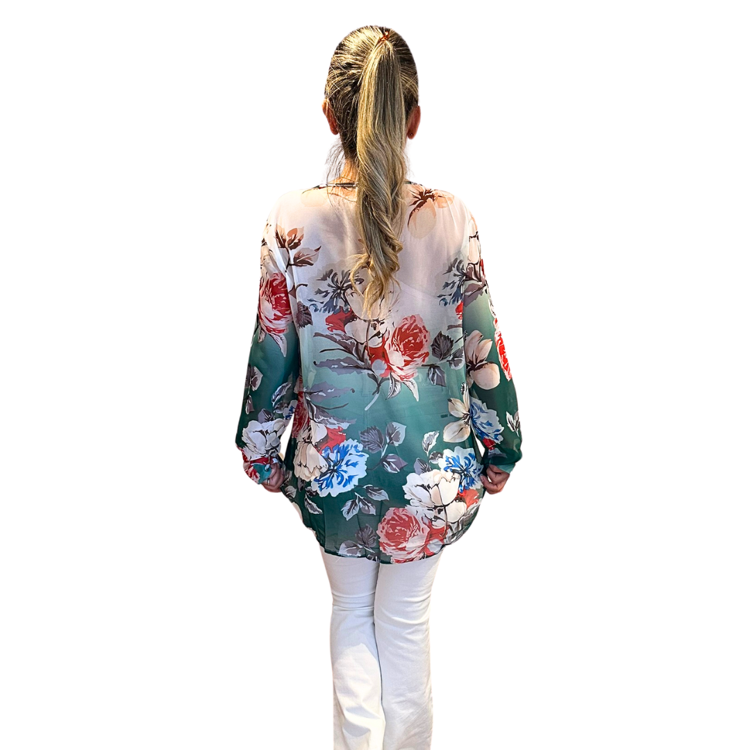Blusa gasa verde floreada 2