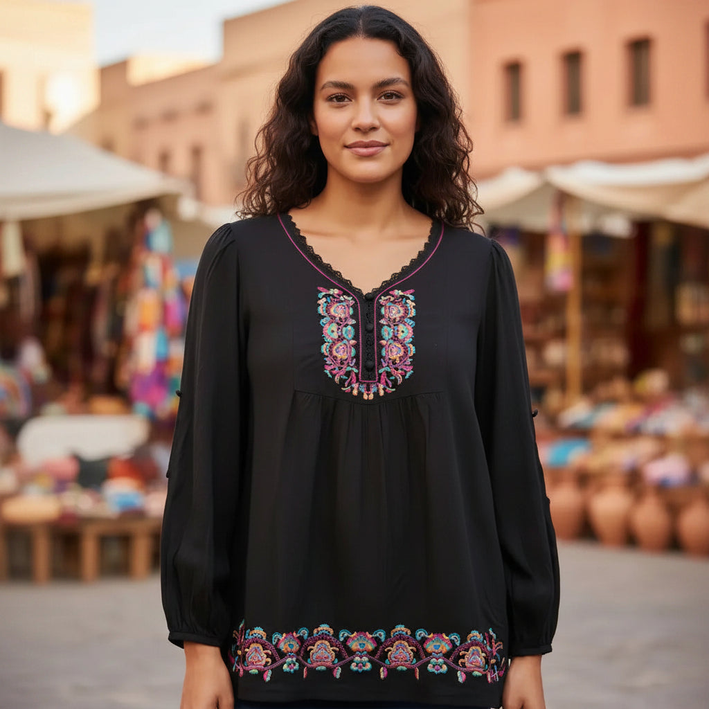Blusa bordada de estilo hindú negro