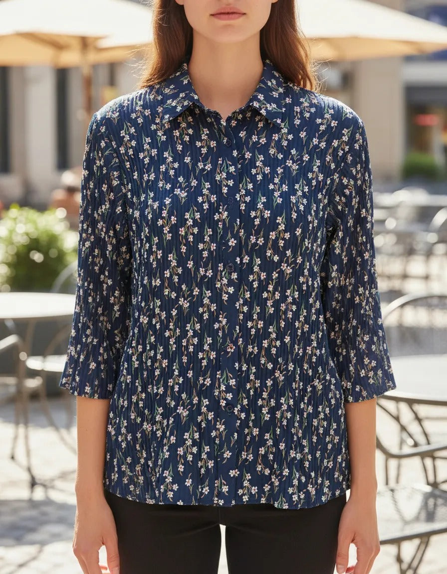 Blusa Plisada Azul Floreada
