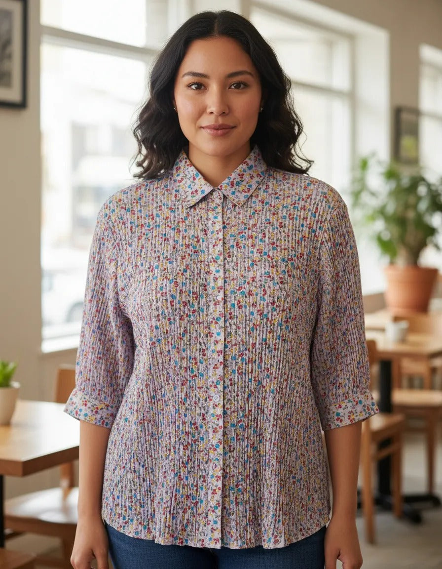 Blusa Plisada Roja y blanca Floreada