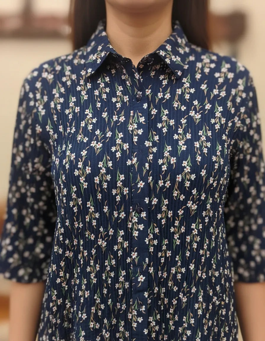 Blusa Plisada Azul Floreada