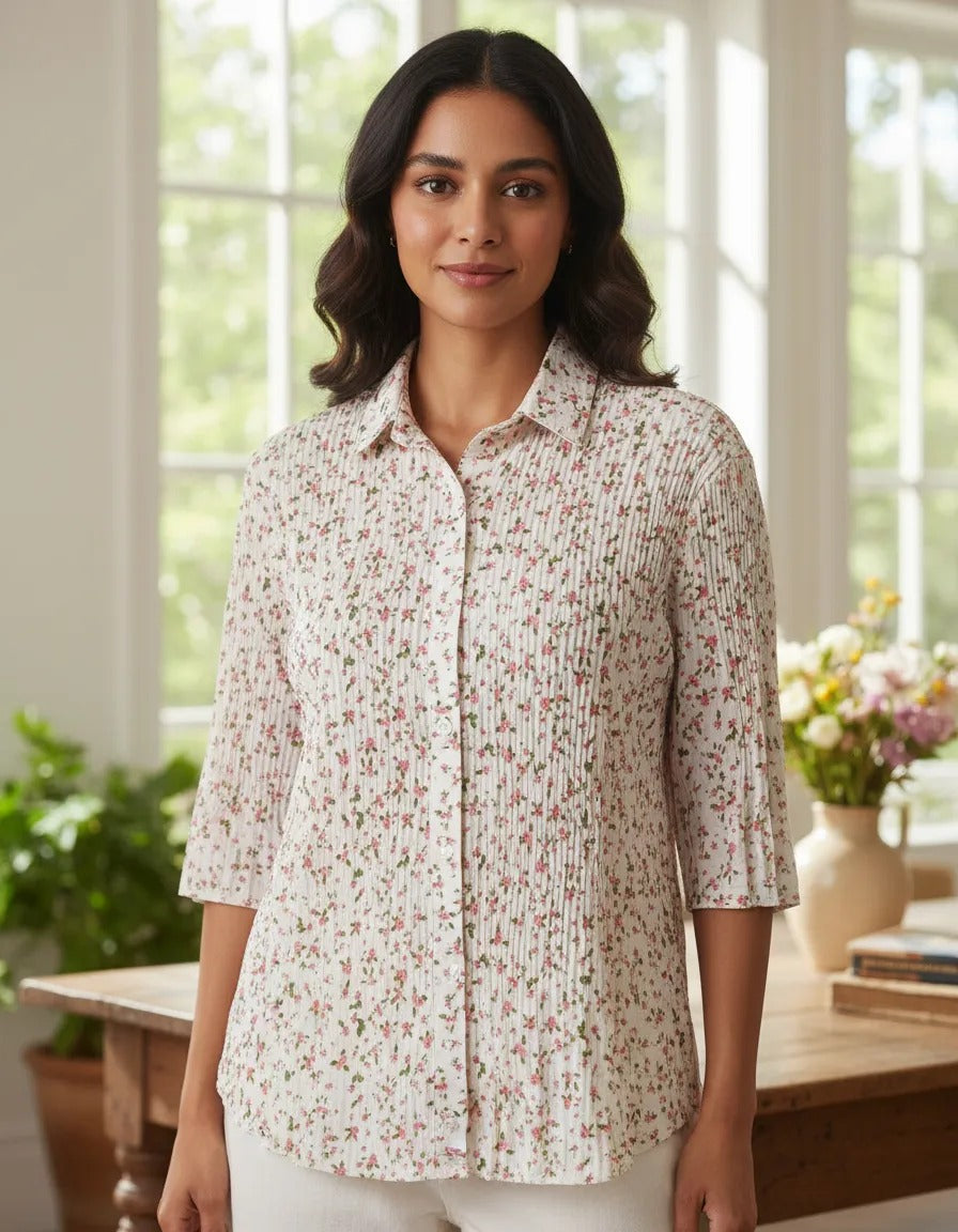 Blusa Plisada Blanca Floreada