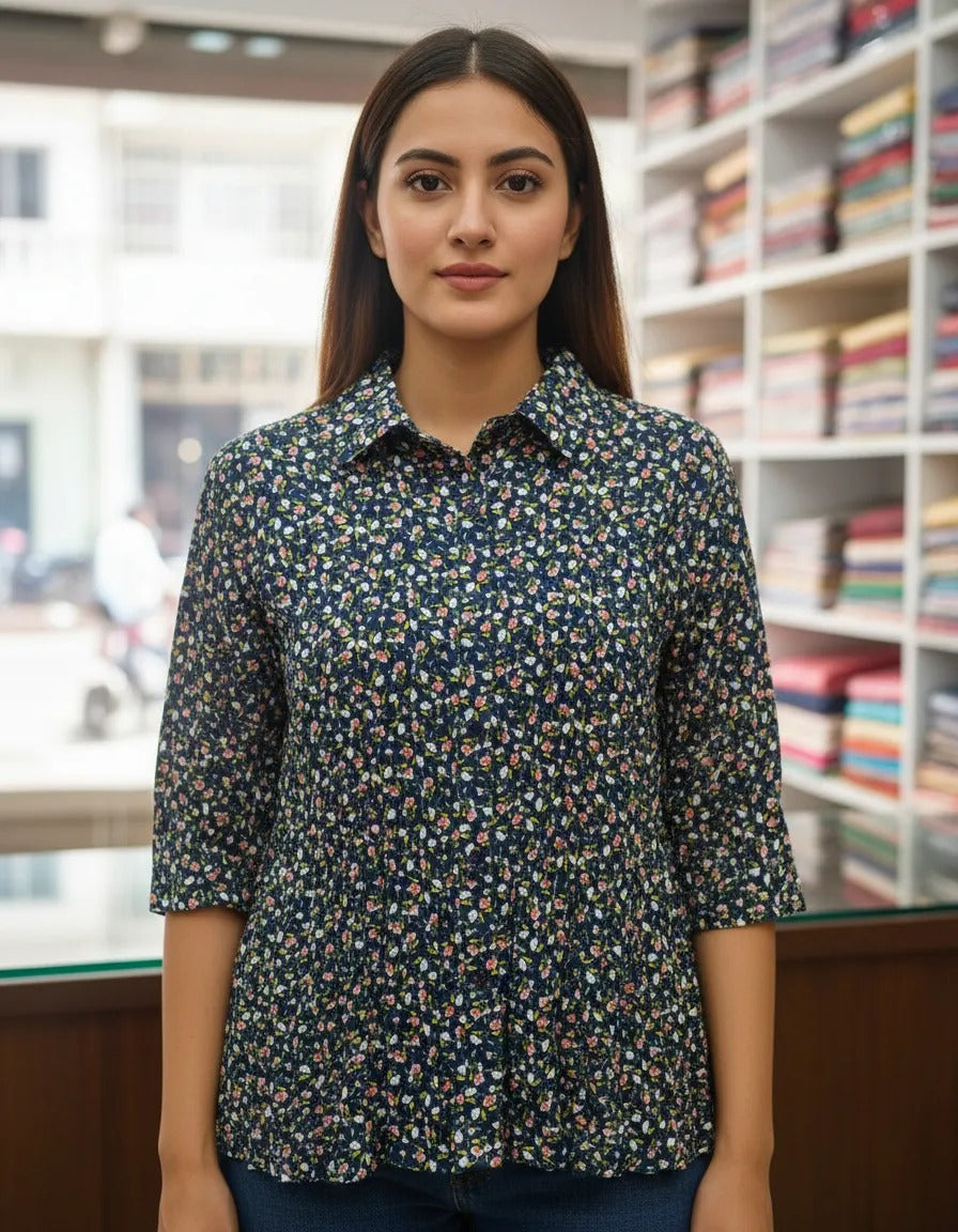 Blusa Plisada Azul Floreada