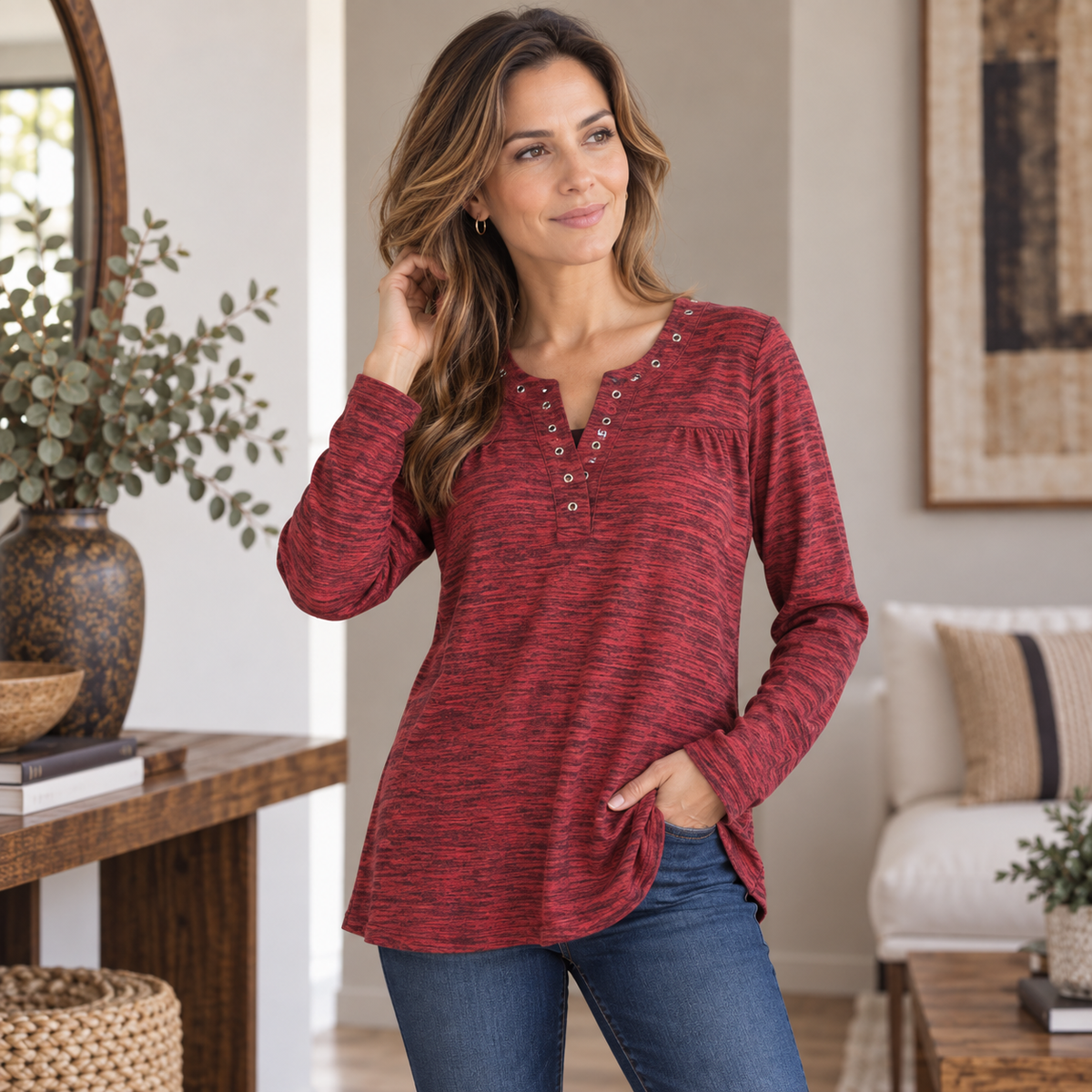Polera Lanilla Manga Larga Burdeo jaspeada