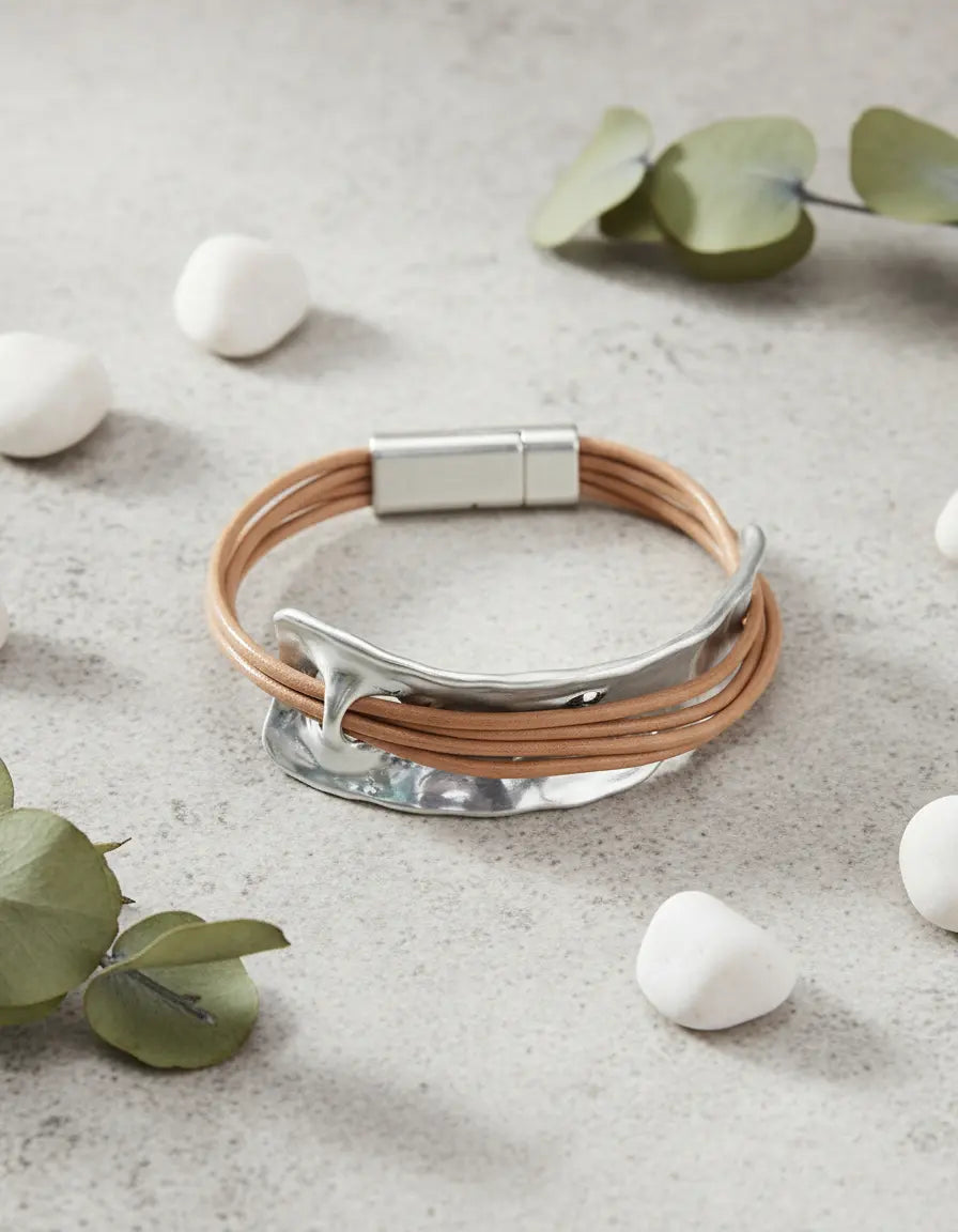 Pulsera Metal y Cuero - Café