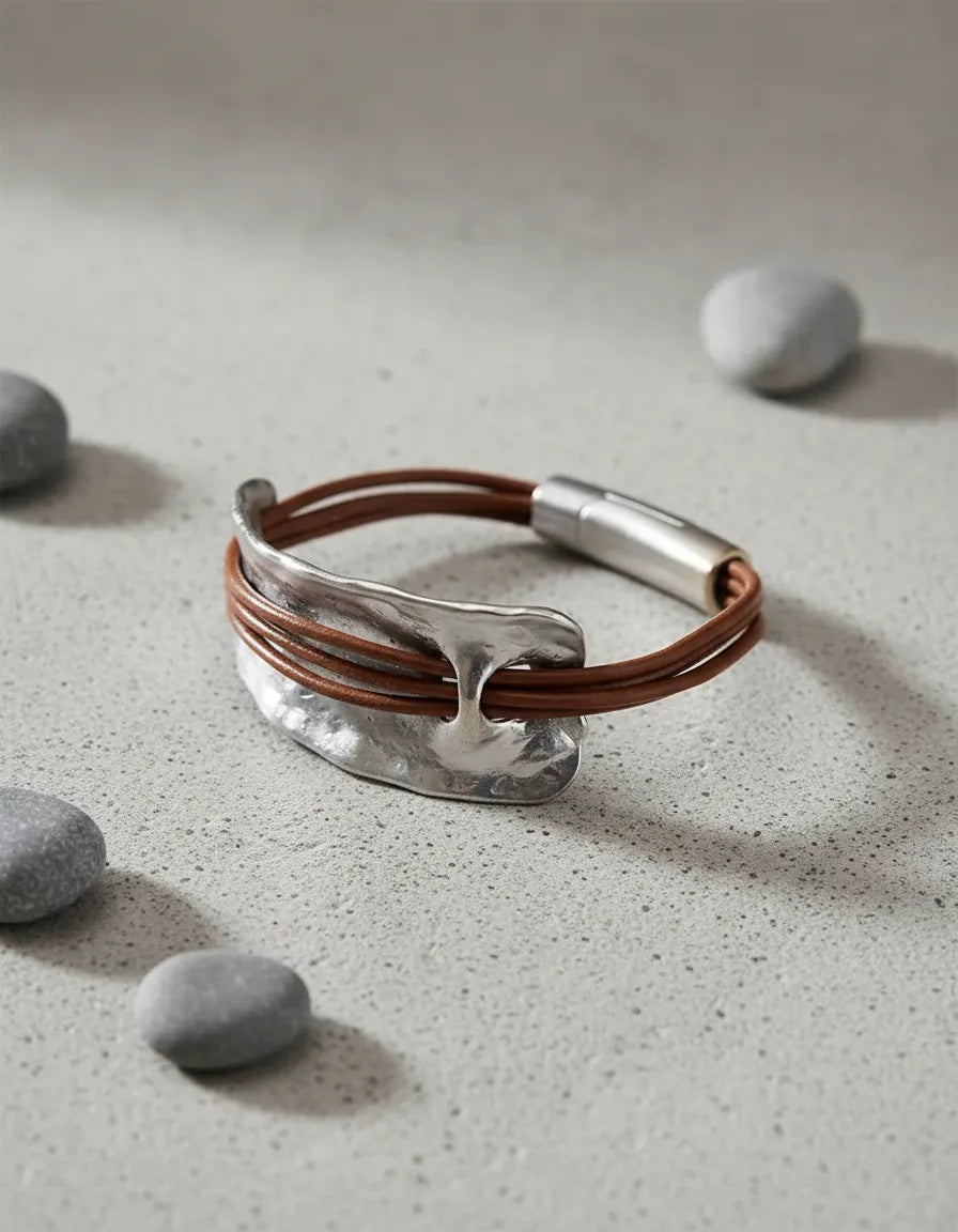 Pulsera Metal y Cuero - Café oscuro