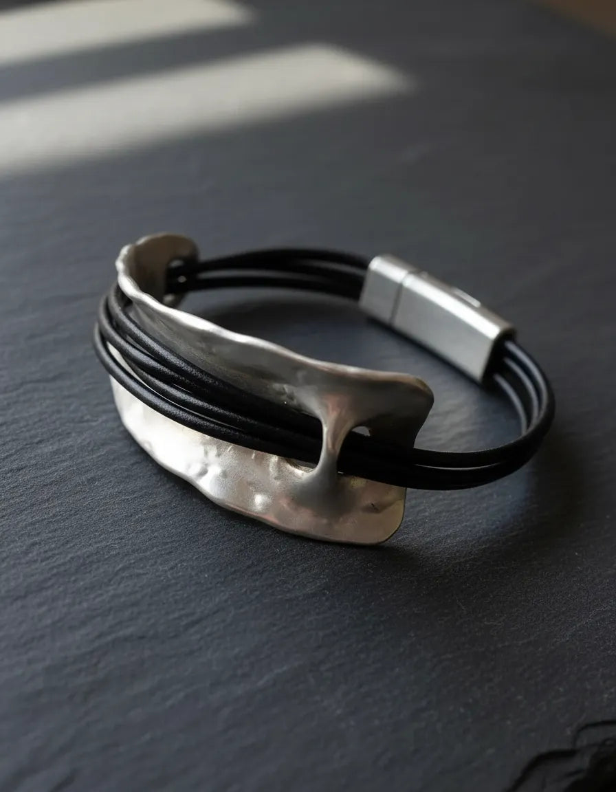 Pulsera Metal y Cuero - Negro