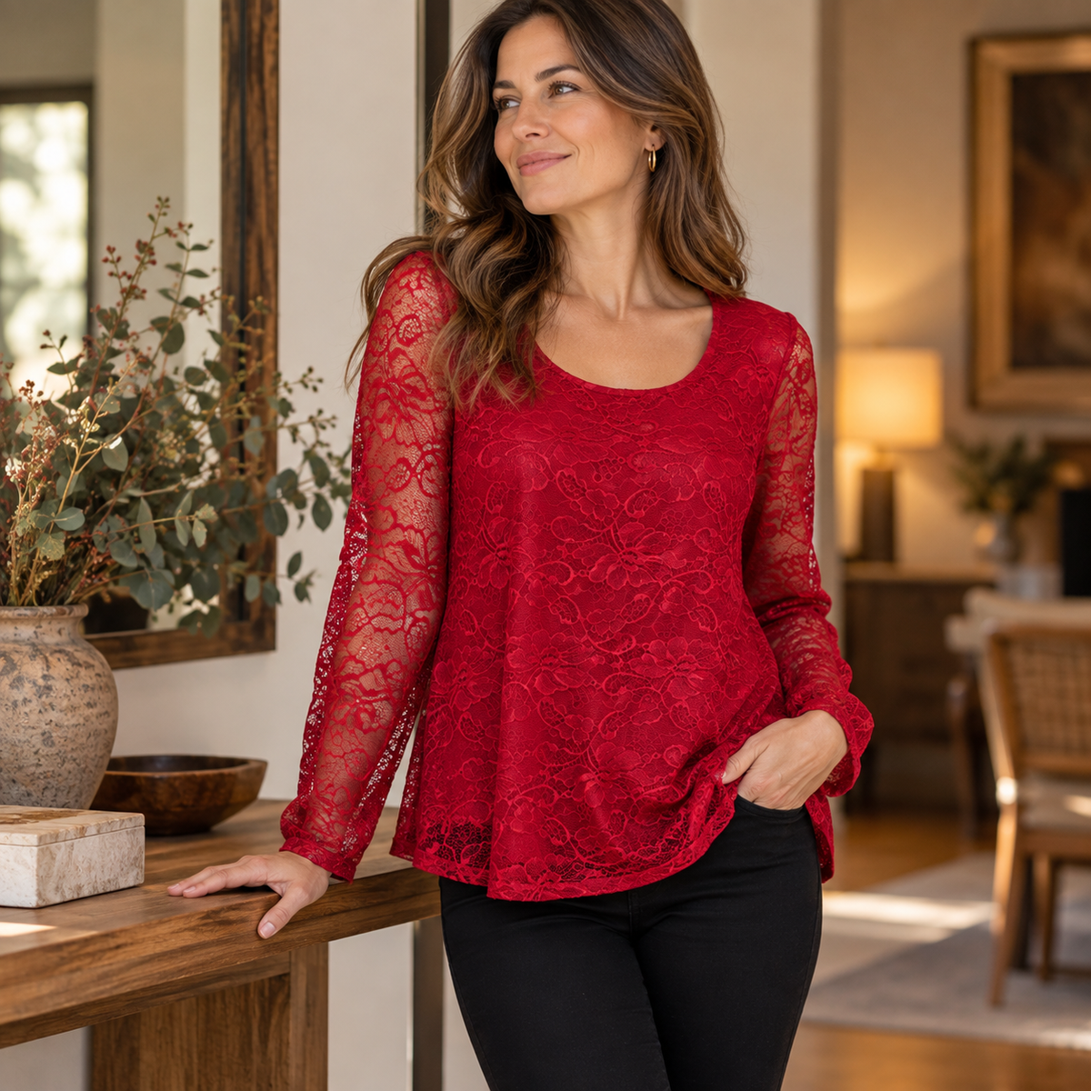 Polera Encaje Mangas Roja
