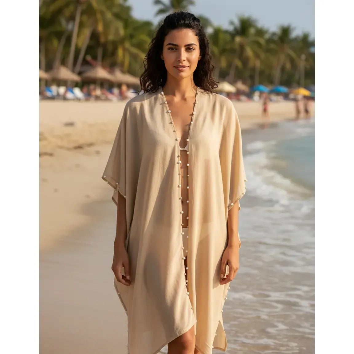 Kimono con Perlas 200-11 - Mostaza