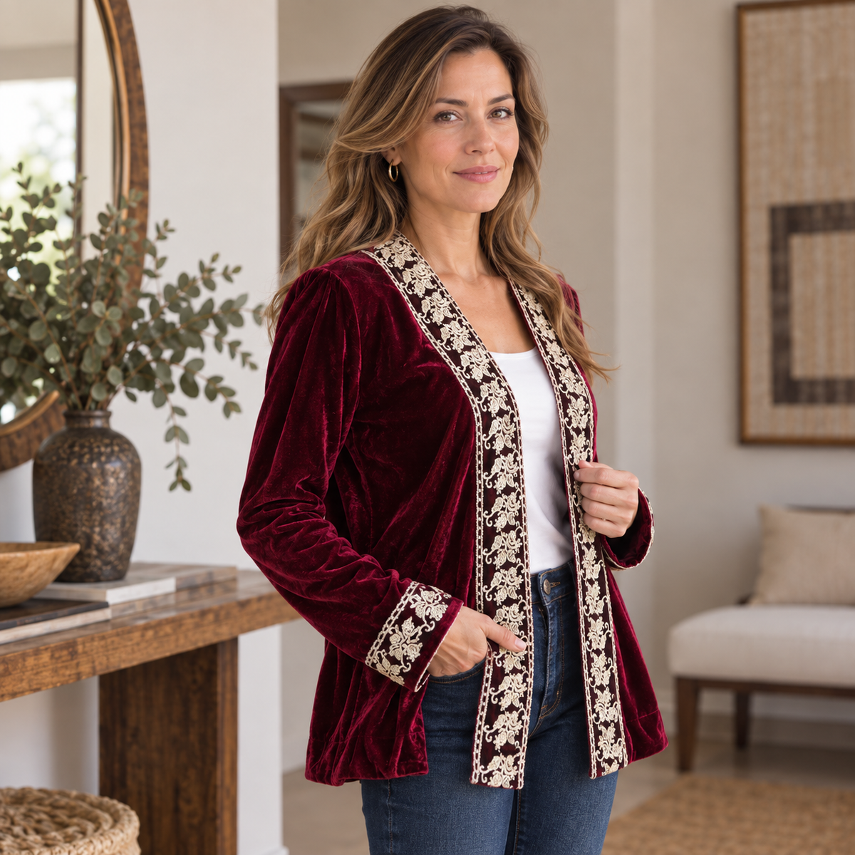 Chaqueta Plush bordada burdeo