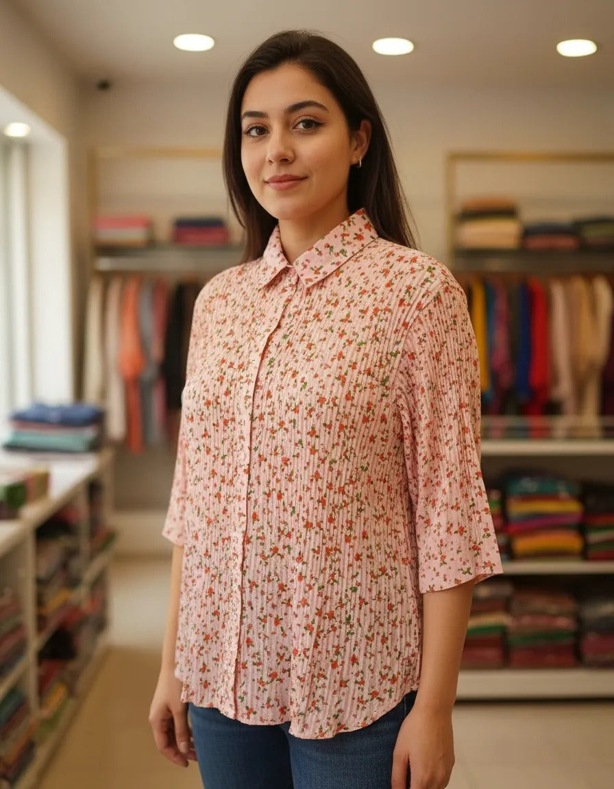 Blusa Plisada Rosada Floreada rojo