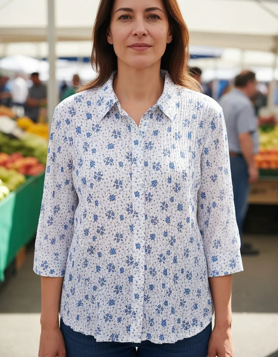 Blusa Plisada Blanca Floreada