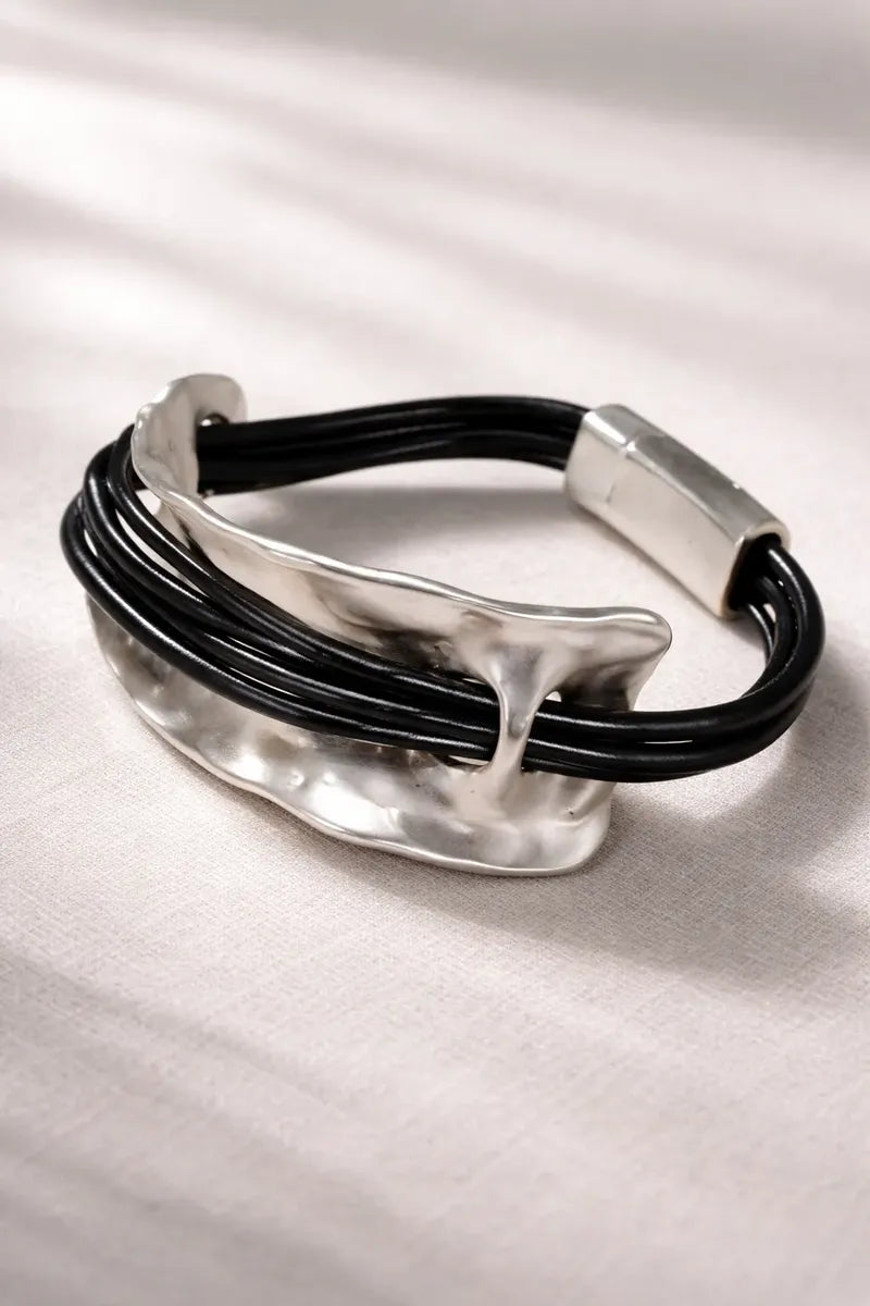 Pulsera Metal y Cuero - Negro