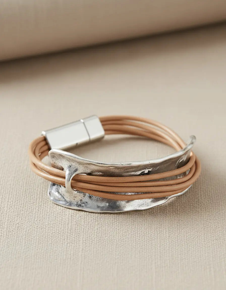 Pulsera Metal y Cuero - Café