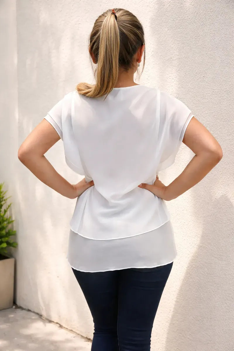 Blusa Blanca Manga Corta Con Vuelos