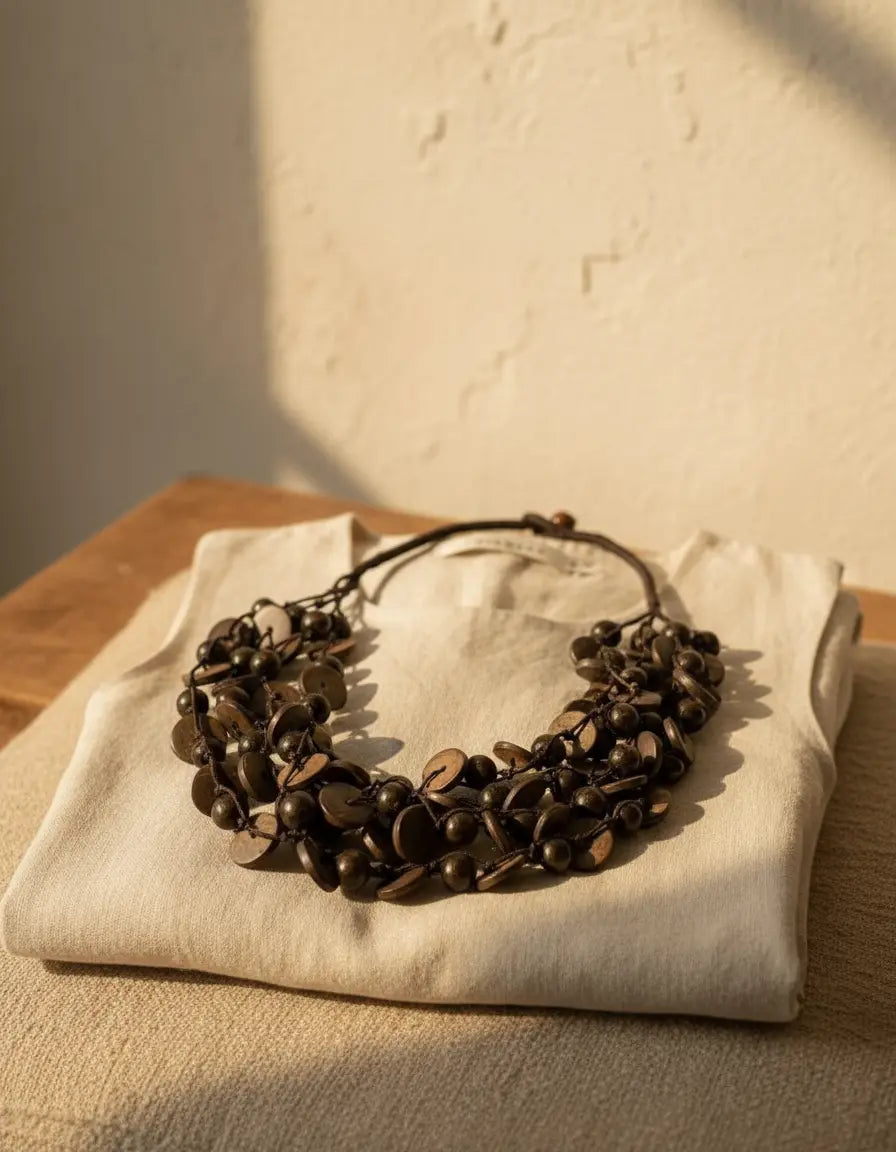 Collar macramé y madera negro