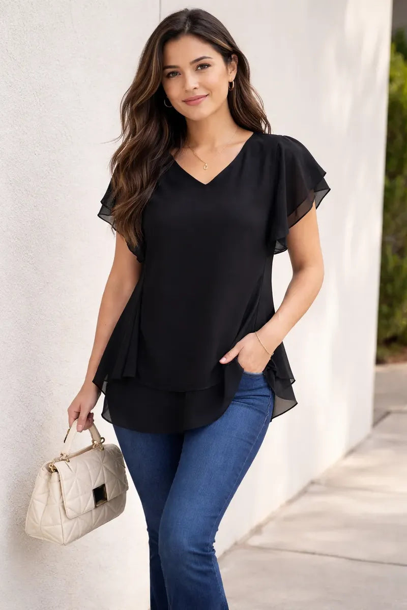Blusa Negra manga corta con vuelos