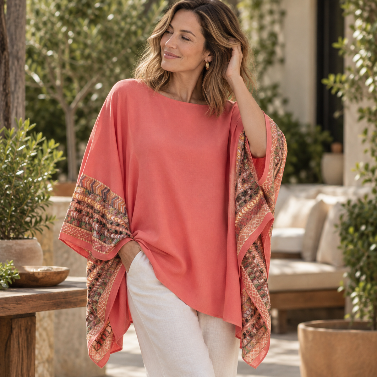 Poncho Bordado Coral
