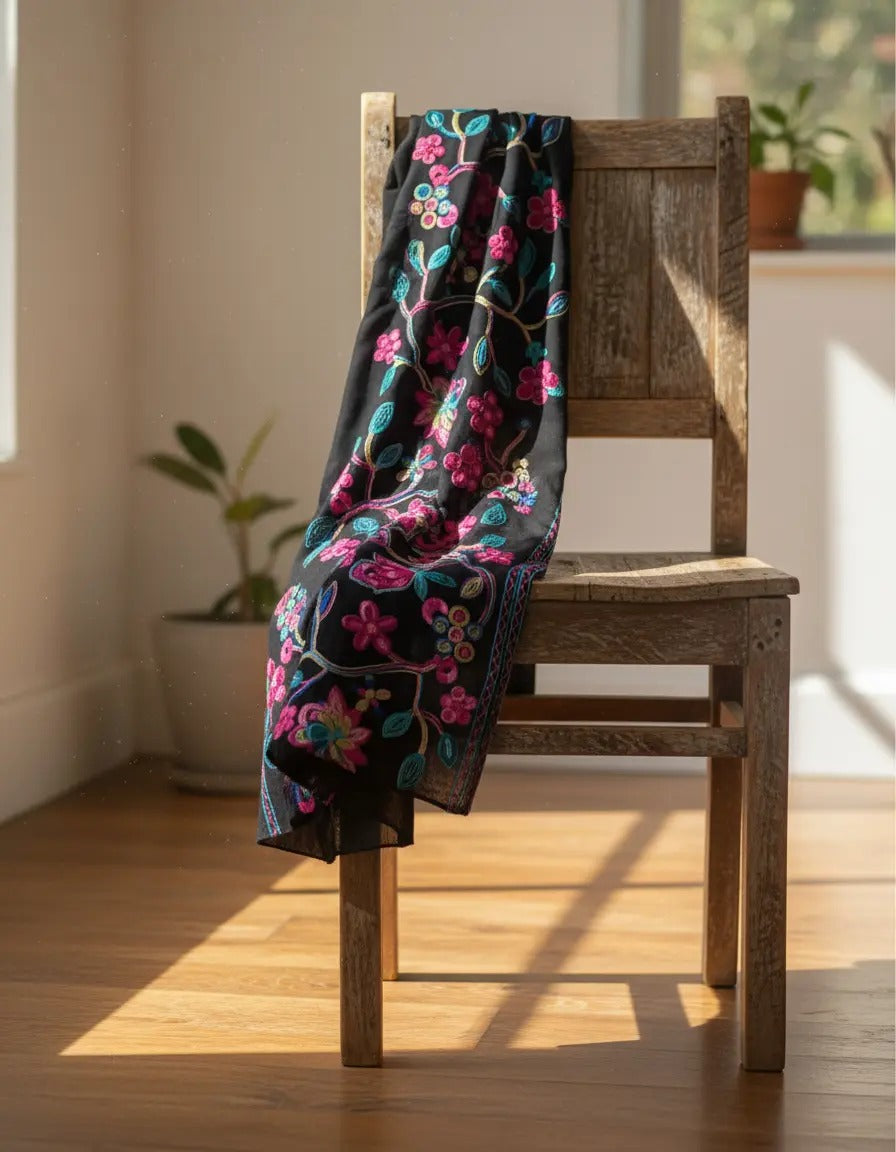 Pañuelo Bordado Negro Flores