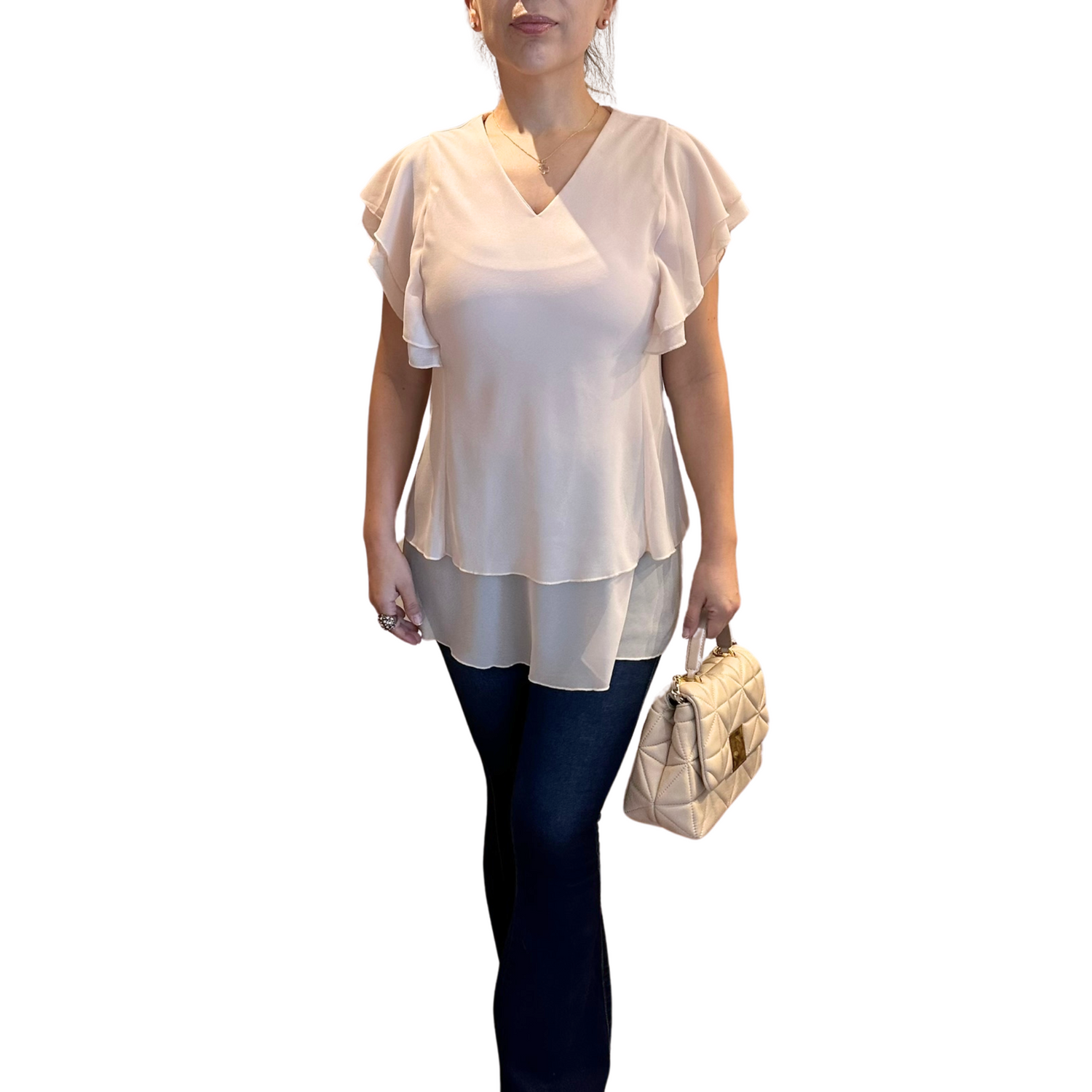 Blusa Beige manga corta con vuelos