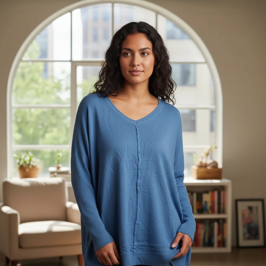 Sweater Oversize Mujer Cuello V Manga Larga - Azul