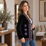 Chaqueta Plush Negra con diseños morados